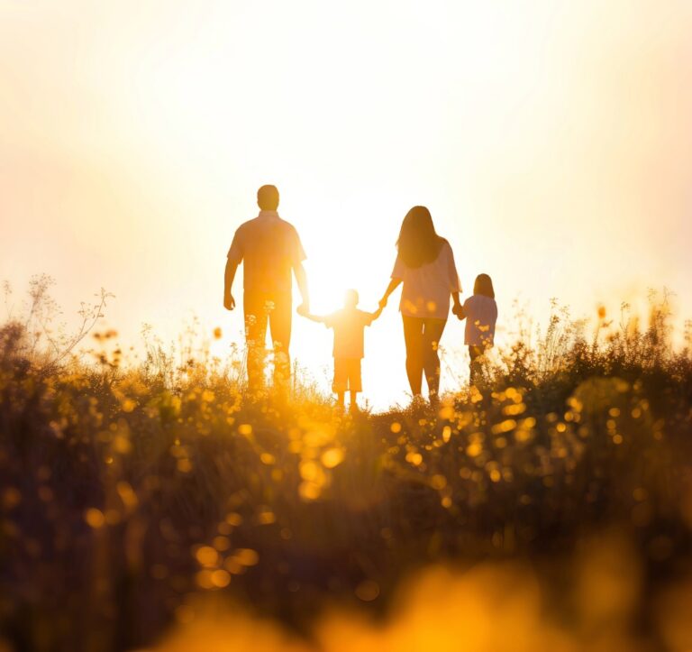 Family of four holding hands and walking toward a bright sunset in a field, silhouettes against the golden light.